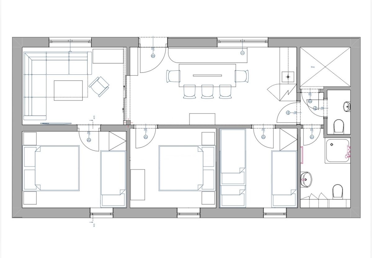 Půdorys apartmánu U Krčků — kapacita 8+2 osob, 4 ložnice, 2 koupelny